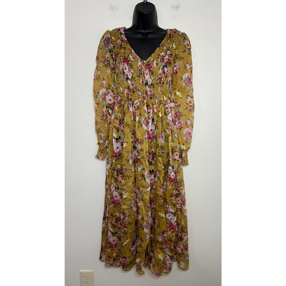 OPT Anthropologie Wick Dress Yellow Smocked Chiffon Floral Sheen Romantic, M - Picture 2 of 12